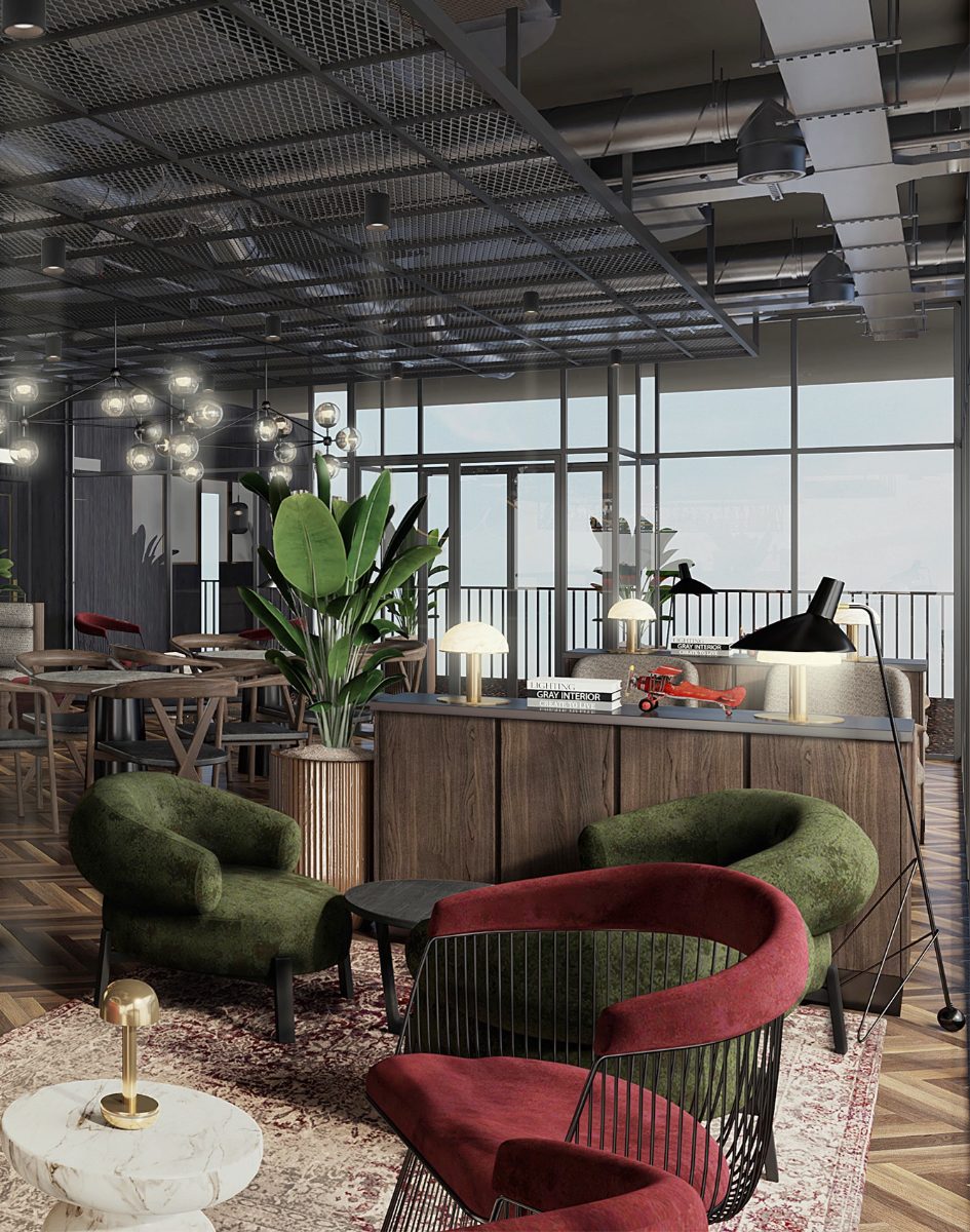 Interior of a Creos hospitality scheme — moody lounge with feature lighting, timber and velvet seating
